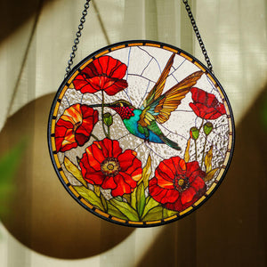 Hummingbird Poppy Flower Window Hanging Suncatcher Ornament Gift For Bird Lovers