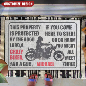 Protected By The Good Lord And Crazy Biker - Personalized Doormat-Gift For Biker