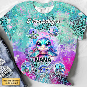 Purple Teal Leopard Sea Turtle Nana Auntie Mom Kids, I Love Being A Grandma Personalized 3D T-shirt