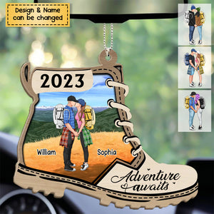 Hike More Worry Less- Personalized Hiking Kissing Couples Christmas Wooden Ornament, For Hiking Lovers