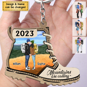 Hike More Worry Less- Personalized Hiking Kissing Couples Wooden Keychain, For Hiking Lovers