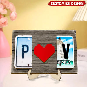 Personalized License Plate Initials Couple with Red Heart Wooden Plaque - Gift For Couple