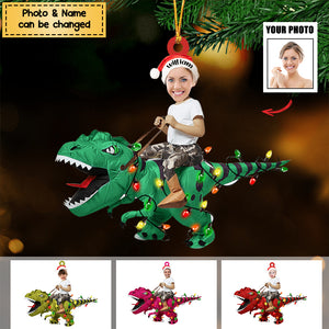 Personalized Cute Kid Rides The Dinosaurus Christmas Light Ornament