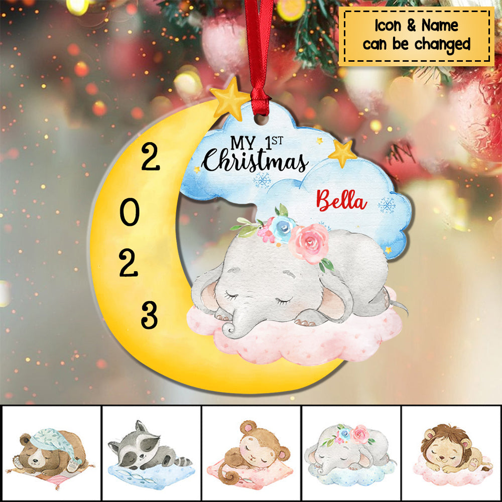 Sleeping Safari Animal Baby First Personalized Christmas Acrylic Ornament