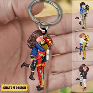 Couple Policeman And Firemen Kiss Personalized Acrylic Keychain