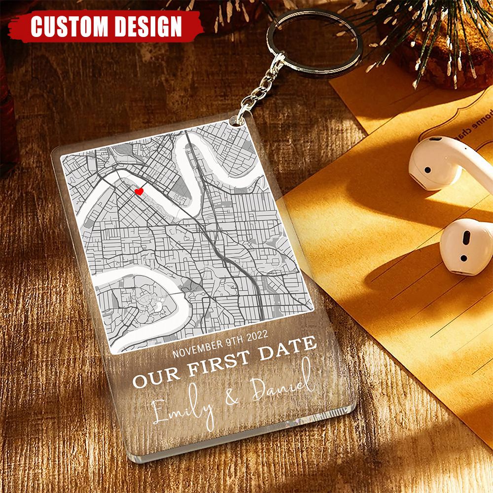 Our First Date - Personalized Acrylic Map Keychain - Gift For Couple