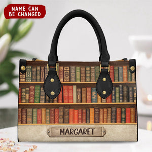 Personalized Book Lover Leather Bag, Book Seamless Pattern, Gift For Book Lovers