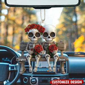 Skull Couple Roses Flower - Personalized Couple Car Ornament - Anniversary Gift For Husband,Wife