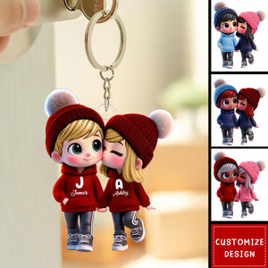 Cute Cartoon Couple Walking Personalized Acrylic Keychain-Gift For Couple