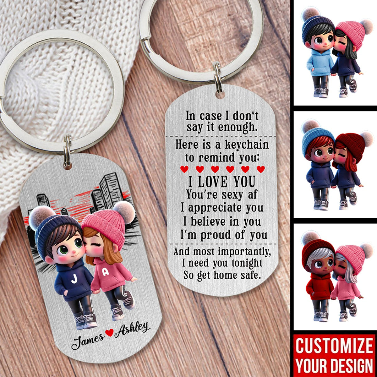 Cute Cartoon Couple Walking Personalized Stainless Steel Keychain- Gift For Couple