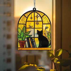 Black Cat And Book Suncatcher Ornament, Gift For Book Lovers