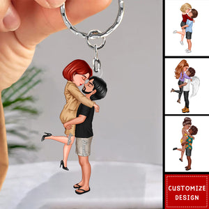 New - Personalized Doll Couple Kissing Hugging Keychain - Gift For Couple