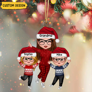 Happy Christmas Doll Grandma With Grandkids Personalized Acrylic Ornament, Gift For Granddaughter Grandson