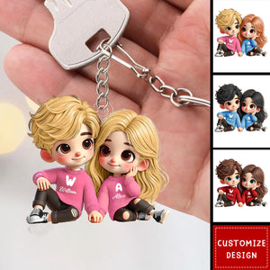 Cute Couple Sitting Together Personalized Keychain, Anniversary Gift For Wife,Husband