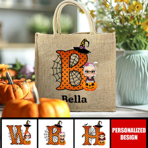 Personalized Cartoon Character Pumpkin Design Trick or Treat Candy Jute Tote Bag with Initial & Name Halloween Party Favors Gift for Kids