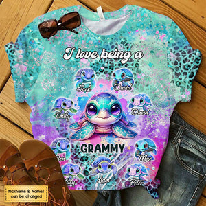 Purple Teal Leopard Sea Turtle Nana Auntie Mom Kids, I Love Being A Grandma Personalized 3D T-shirt