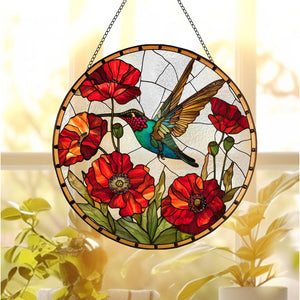 Hummingbird Poppy Flower Window Hanging Suncatcher Ornament Gift For Bird Lovers