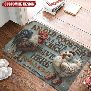 An Old Rooster & A Cute Chick Live Here - Personalized Doormat-Gift For Chick Lovers,Farmer