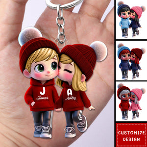 Cute Cartoon Couple Walking Personalized Acrylic Keychain-Gift For Couple