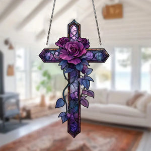 Purple Rose Cross Suncatcher-Gift for Family and Best Friends