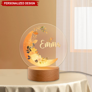 Personalized Moon Floral Pattern Nursery LED Night Light with Wooden Base Name Children's Room Decor Baby Shower Birthday Gift for Kid