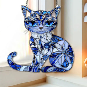 Blue & White Cat Suncatcher Ornament - Gift For Cat Lovers