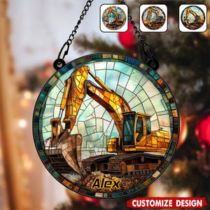 Excavator At Work Personalized Suncatcher Ornament