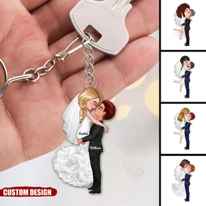 Groom & Bride Hugging Kissing Couple Personalized Keychain, Anniversary Gift For Couple