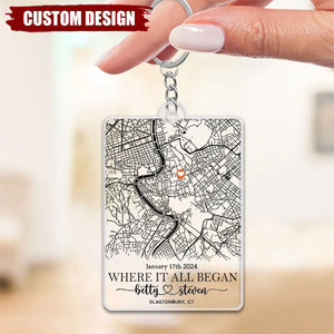 Where It All Began - Personalized Map Couple Keychain, Anniversary Gift For Wife, Husband