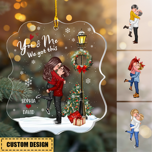 Winter Couple Hugging Kissing Snow Personalized Acrylic Ornament