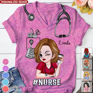 Pretty Doll Nurse Scrub Healthcare Worker-Personalized V-neck 3D T-shirt