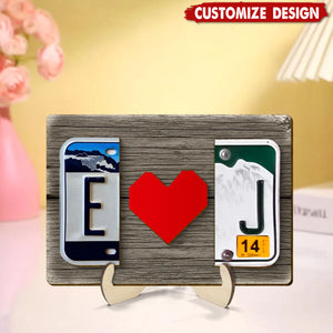 Personalized License Plate Initials Couple with Red Heart Wooden Plaque - Gift For Couple