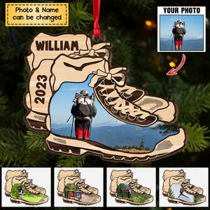 Hiking Boots Ornament - Personalized Wooden Photo Ornament