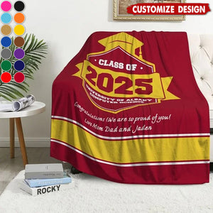 Personalized Multicolor Graduation Hat Soft Fleece Blanket with Year School Name and Warm Text Class of 2025 Gift for Graduate