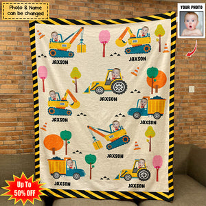 Boy Riding Construction Vehicle - Personalized Photo Blanket