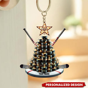 Personalized Hockey Christmas Keychain with Puck Tree and Sticks - Gift For Hockey Lovers - 2024 New Release