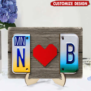 Personalized License Plate Initials Couple with Red Heart Wooden Plaque - Gift For Couple