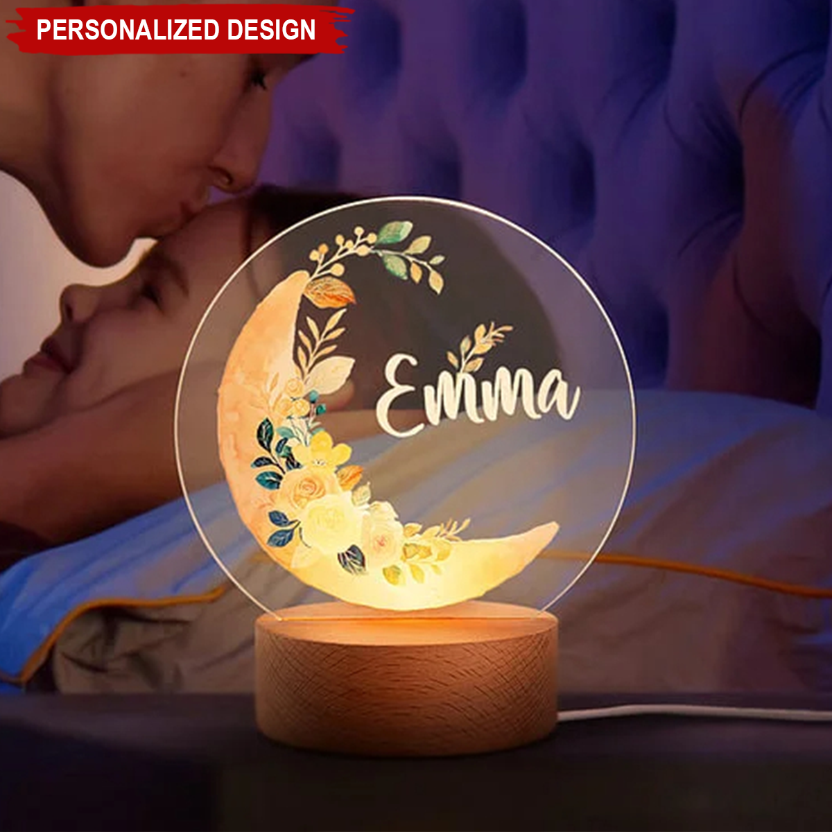 Personalized Moon Floral Pattern Nursery LED Night Light with Wooden Base Name Children's Room Decor Baby Shower Birthday Gift for Kid