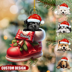 Cute Dog Puppy Pet On Christmas Boots Shoes Personalized Acrylic Ornament