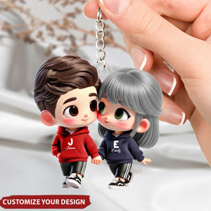 Cute Cartoon Couple Holding Hands Personalized Acrylic Keychain, Anniversary & Valentine's Day Gift