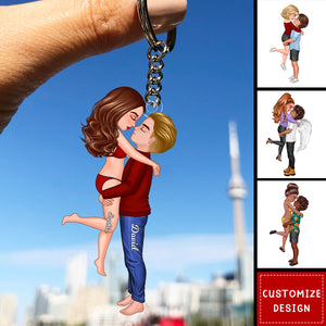 New - Personalized Doll Couple Kissing Hugging Keychain - Gift For Couple