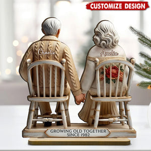 Old Couple Sitting Together Personalized Standing Wooden Plaque, Heartfelt Gift For Couple