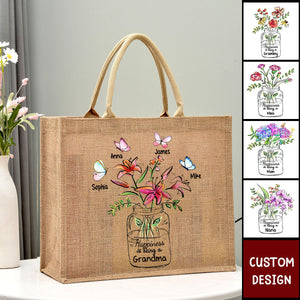 Happiness Is Being A Grandma Mom Vase of Flower - Personalized Jute Tote Bag