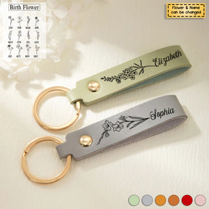 Personalized Birth Flower Leather Keychain - Gift Idea for Mother's Day/Birthday