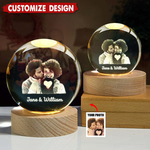 Snow Globe Night Light, Personalized 2D Crystal Ball, Engraved Glass Photo Snow Globe-Gift For Couple