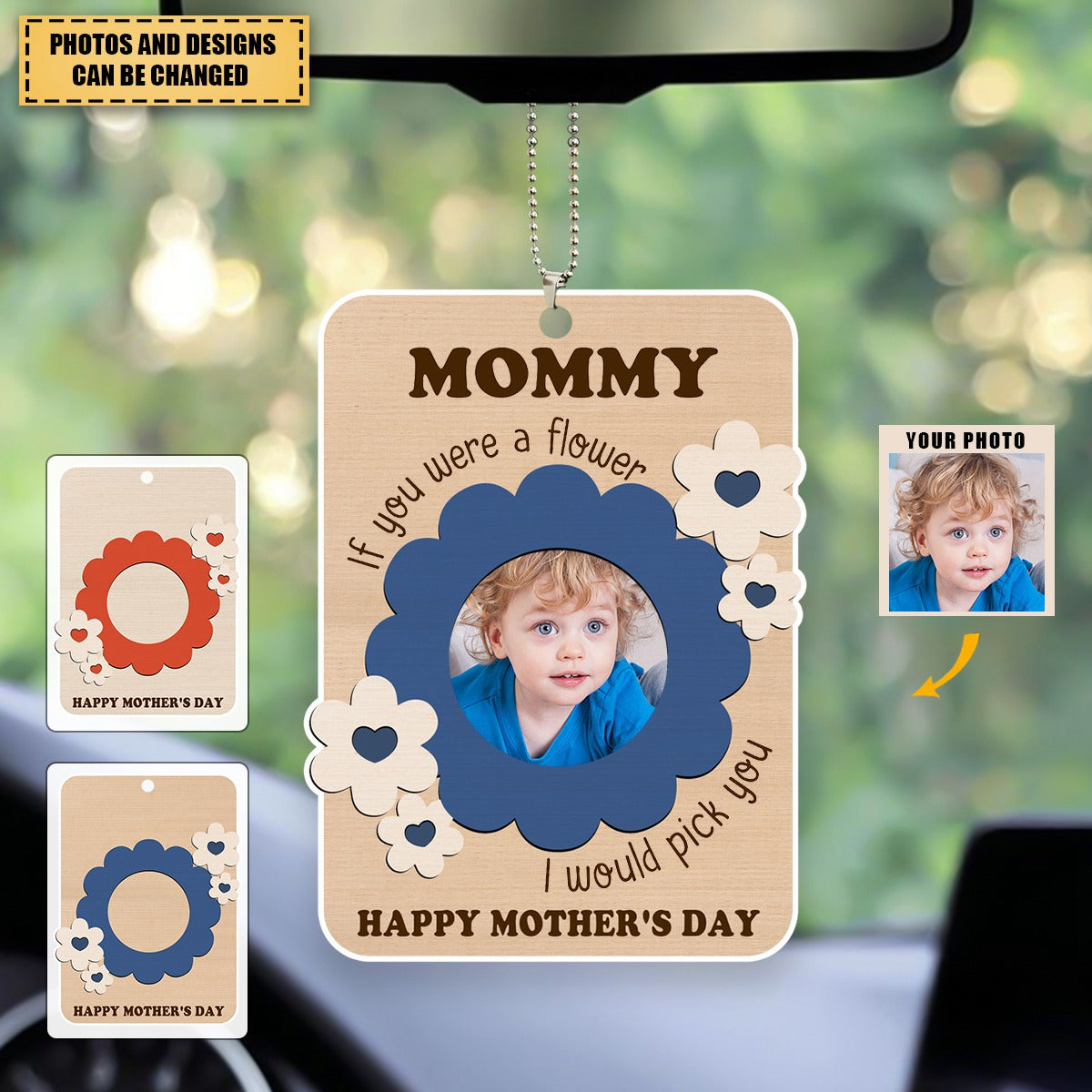 Custom Kid Photo With Flower Frame Gift For Mother's Day - Personalized Acrylic Car Hanger