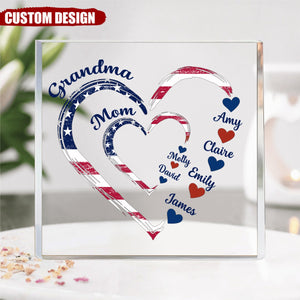 4th of July Grandma Mom Kids Heart In Heart - Personalized Square Shaped Acrylic Plaque