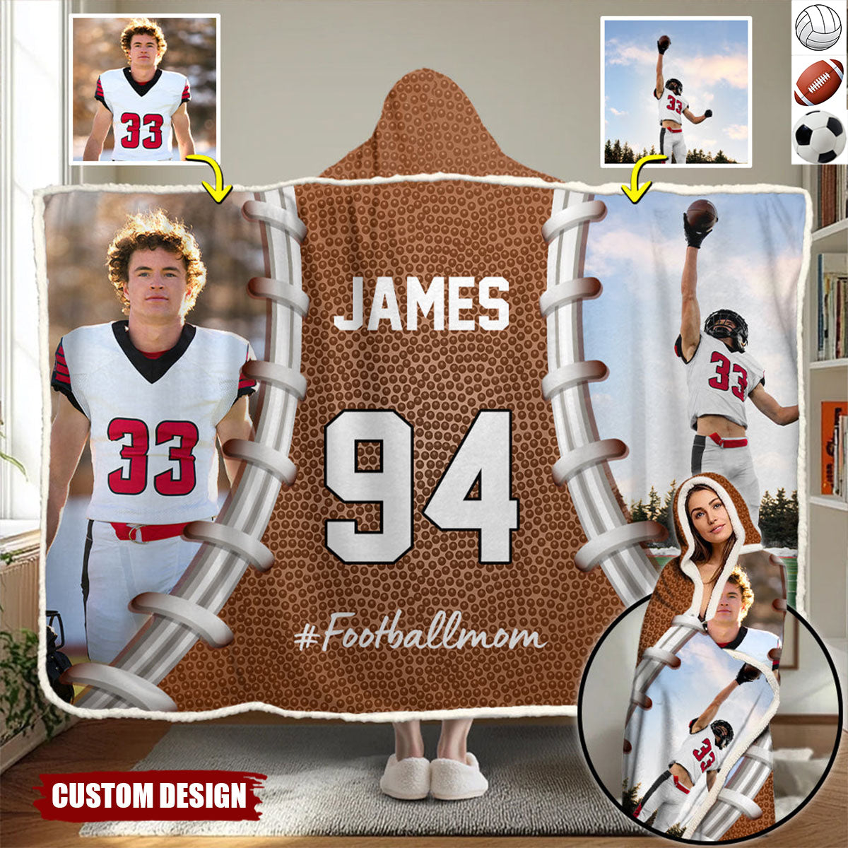 Personalized Photo Wearable Blanket Hoodie - Gift For Football,Soccer,Volleyball Lovers