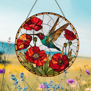 Hummingbird Poppy Flower Window Hanging Suncatcher Ornament Gift For Bird Lovers