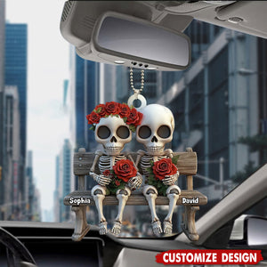 Skull Couple Roses Flower - Personalized Couple Car Ornament - Anniversary Gift For Husband,Wife